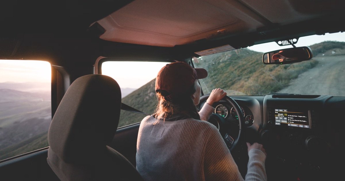 Driver in a cap at the wheel, seen from behind, looking out at a mountain landscape in warm light.